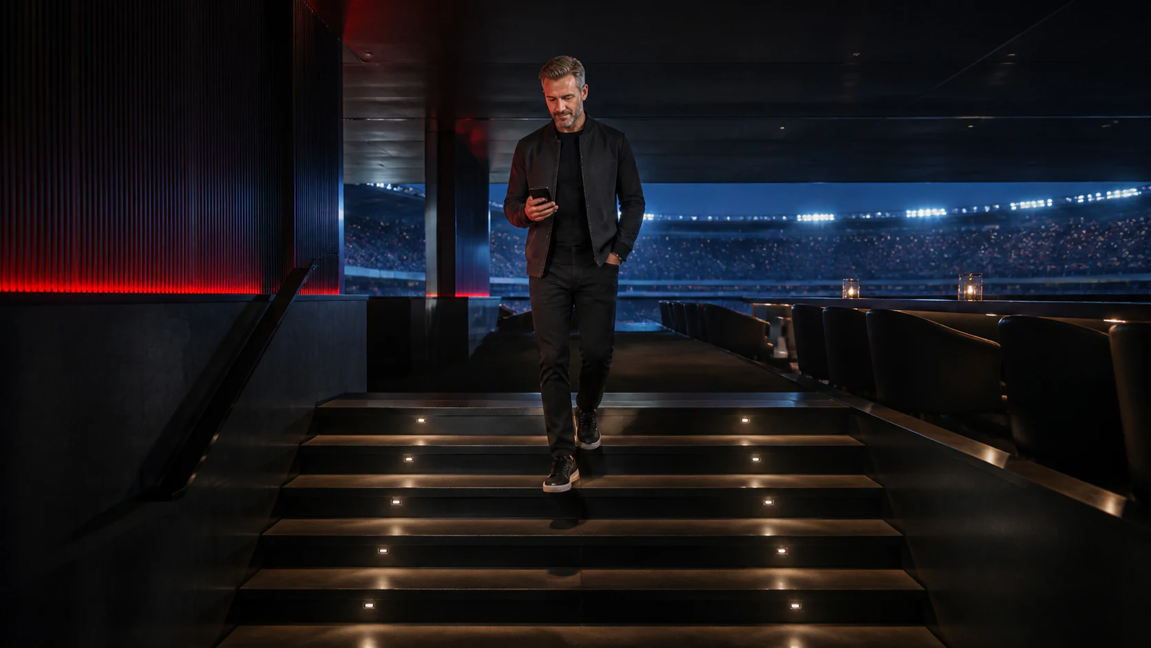 Casino loyalty tiers represented by illuminated stadium club steps