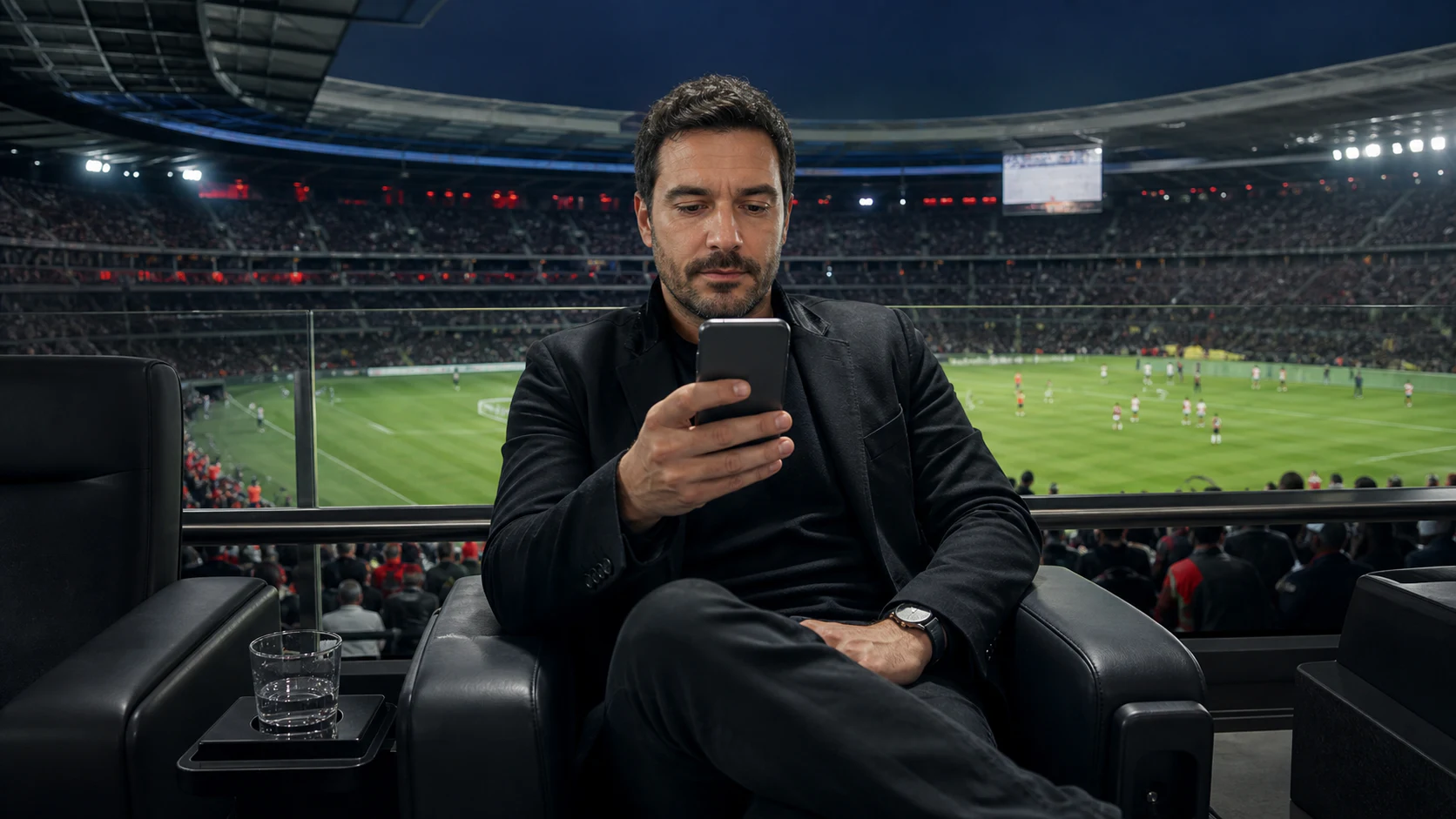 Football fan using a mobile phone during a live match